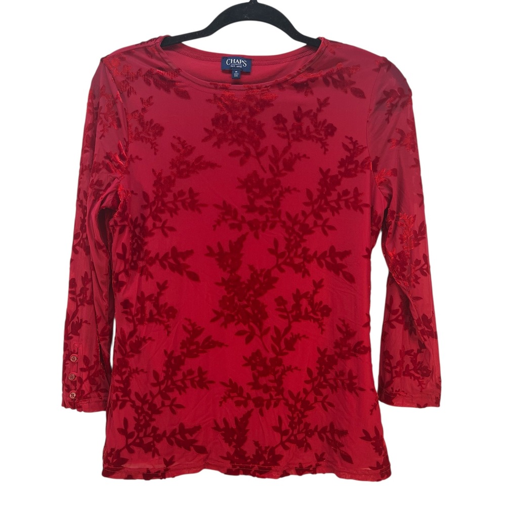 Chaps Women Red Floral Burnout Velvet Sheer Sleeve Top SZ Med. Holiday Christmas